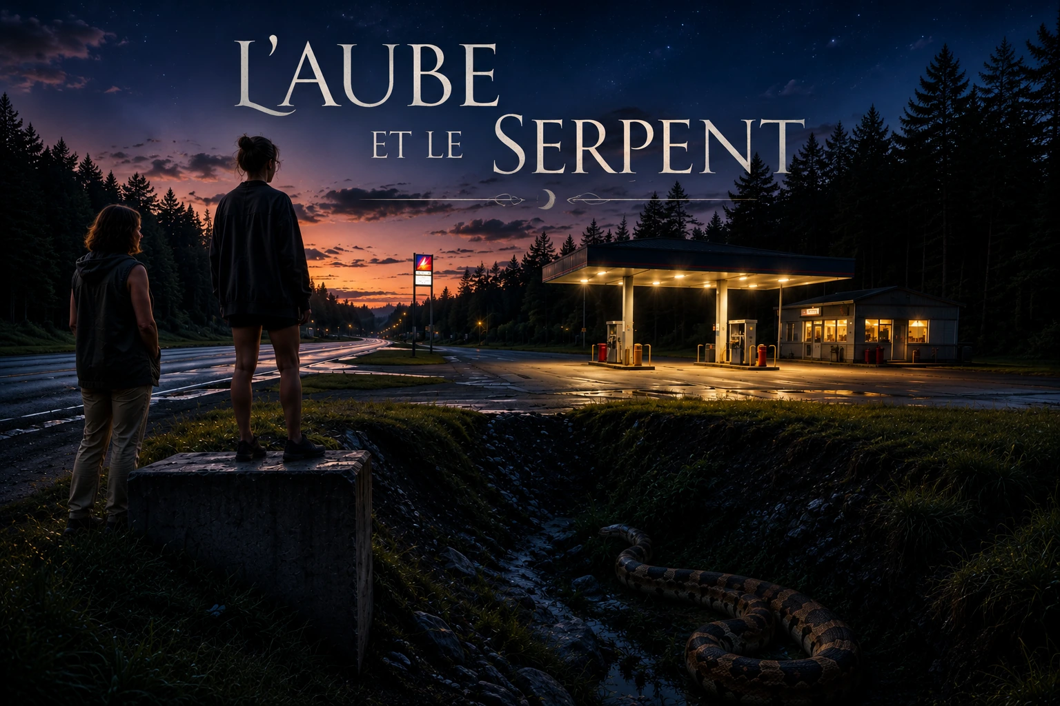 L’aube et le serpent, une femme et sa mère près d’une station-service à l’aube, avec un immense serpent dans un fossé