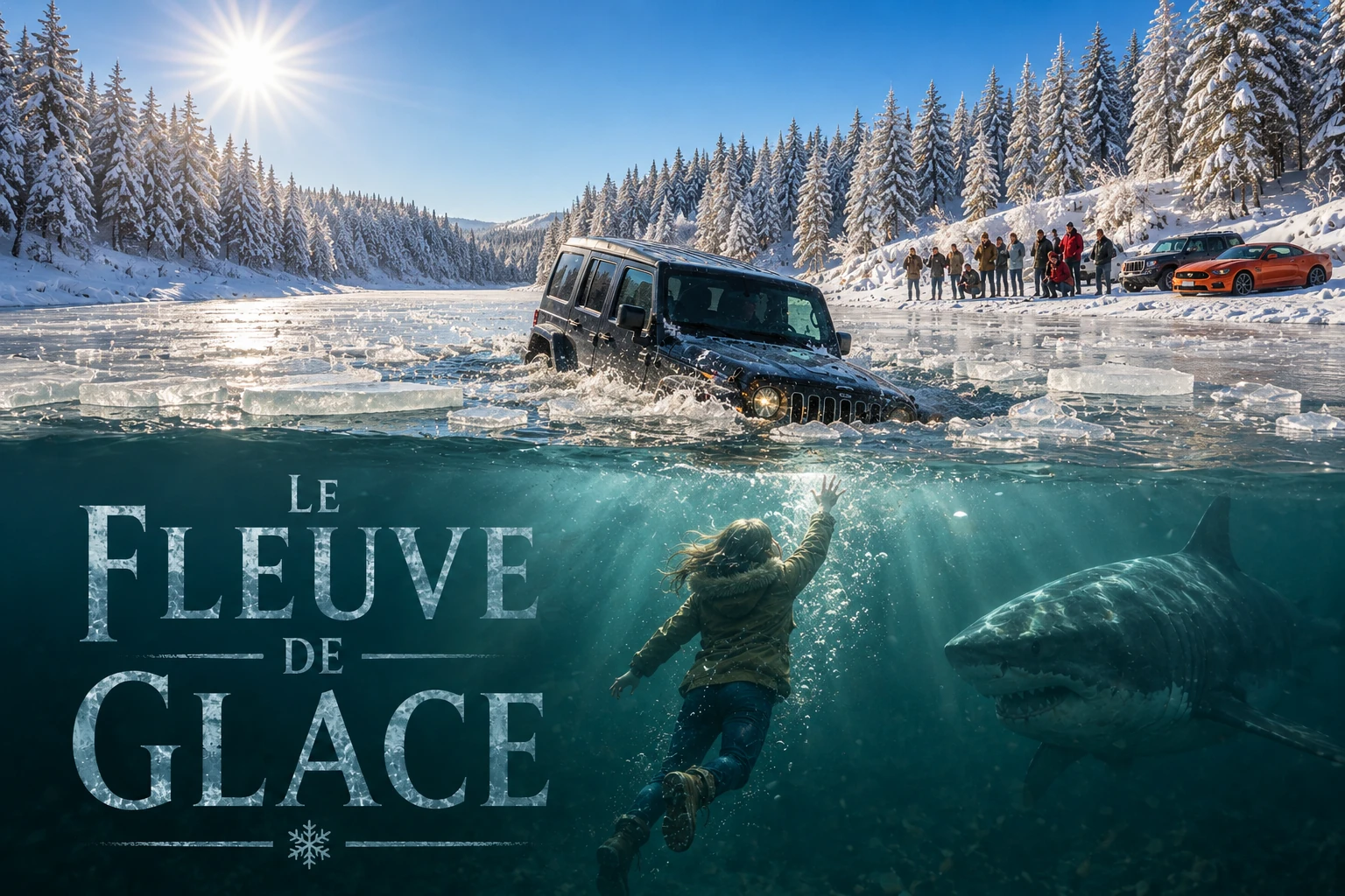 Affiche de l’histoire Le Fleuve de glace, montrant une Jeep qui sombre sous la glace